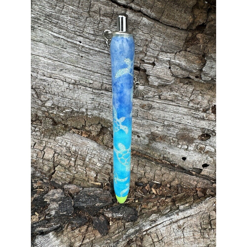 Sea Inspired Epoxy Glitter and Alcohol Inks Turtle Gel Pen With Seashell Charm